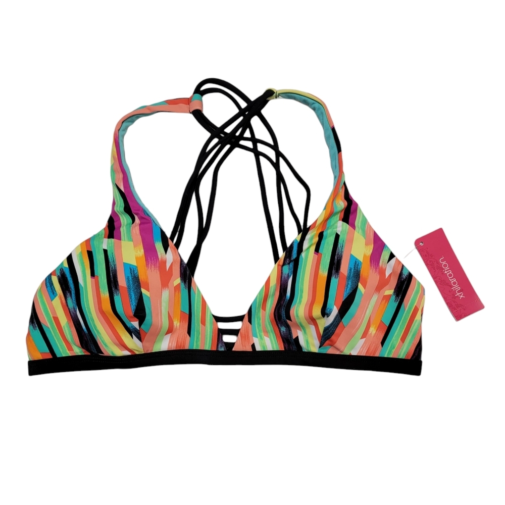 NWT Xhilaration Large Colorful Striped Bikini Swim Top With Strappy Race…